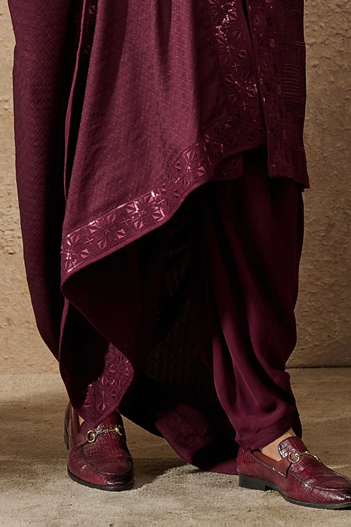 Wine Silk Double Georgette Sequins Embroidered Kurta Set by Tarun Tahiliani Men at Pernia's Pop Up Shop