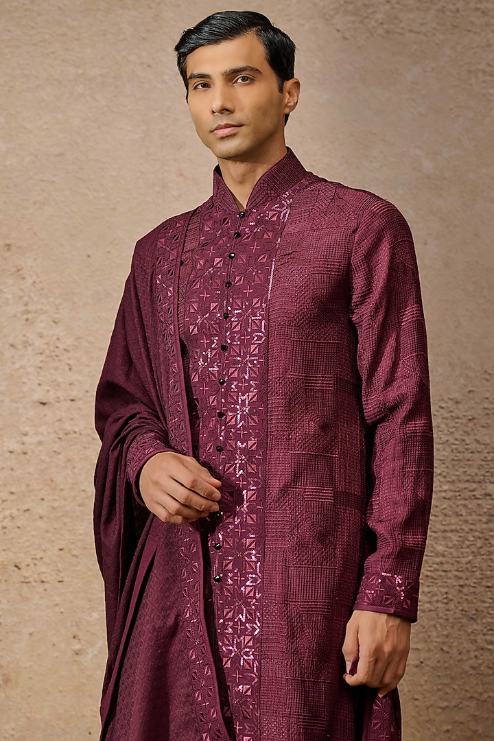 Wine Silk Double Georgette Sequins Embroidered Kurta Set by Tarun Tahiliani Men at Pernia's Pop Up Shop