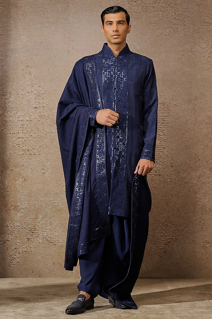 Navy Silk Double Georgette Sequins Embroidered Kurta Set by Tarun Tahiliani Men