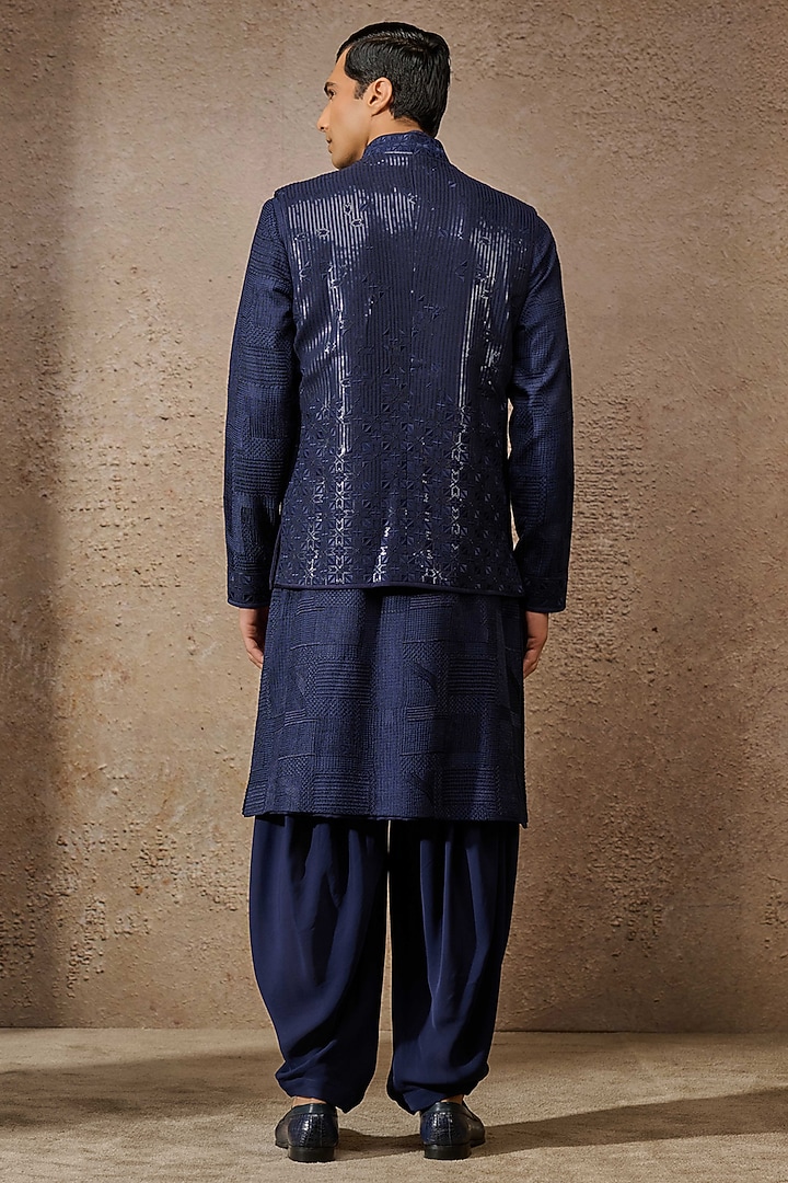 Navy Silk Double Georgette Sequins Embroidered Bundi Jacket by Tarun Tahiliani Men at Pernia's Pop Up Shop