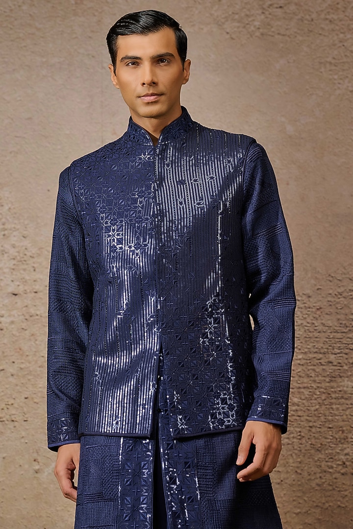 Navy Silk Double Georgette Sequins Embroidered Bundi Jacket by Tarun Tahiliani Men at Pernia's Pop Up Shop