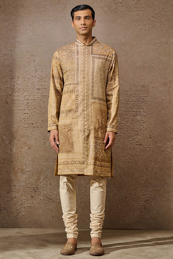 Beige Tissue Georgette & Mulmul Printed Kurta by Tarun Tahiliani Men at Pernia's Pop Up Shop