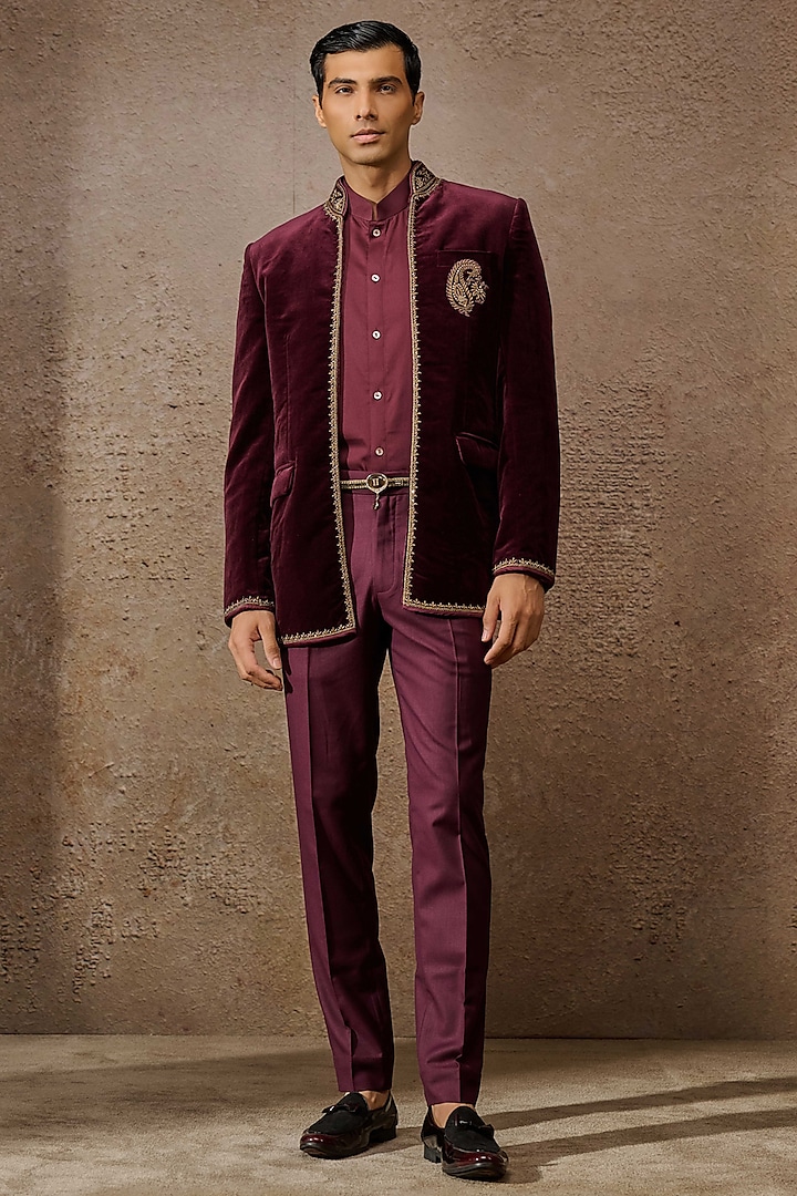 Wine Cotton Velvet Zardosi Embroidered Indowestern Bandhgala Set by Tarun Tahiliani Men