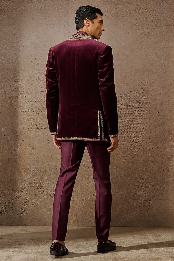 Wine Cotton Velvet Zardosi Embroidered Groom Indowestern Bandhgala Set by Tarun Tahiliani Men at Pernia's Pop Up Shop