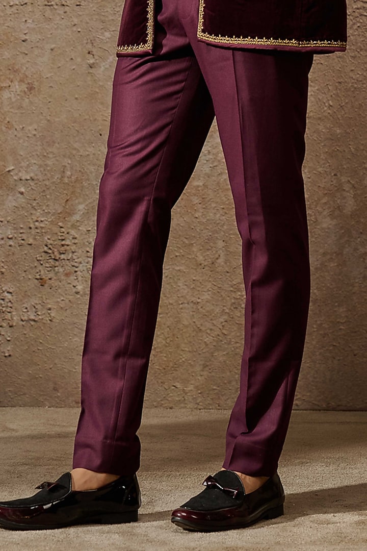 Wine Cotton Velvet Zardosi Embroidered Groom Indowestern Bandhgala Set by Tarun Tahiliani Men at Pernia's Pop Up Shop