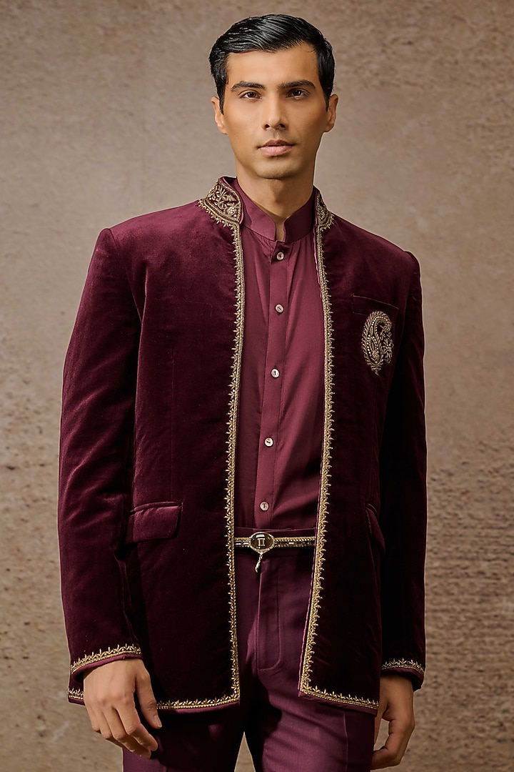 Wine Cotton Velvet Zardosi Embroidered Groom Indowestern Bandhgala Set by Tarun Tahiliani Men at Pernia's Pop Up Shop