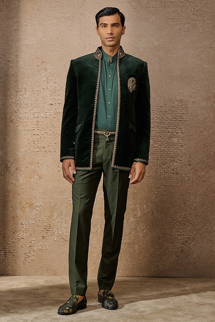 Emerald Cotton Velvet Zardosi Embroidered Indowestern Bandhgala Set by Tarun Tahiliani Men