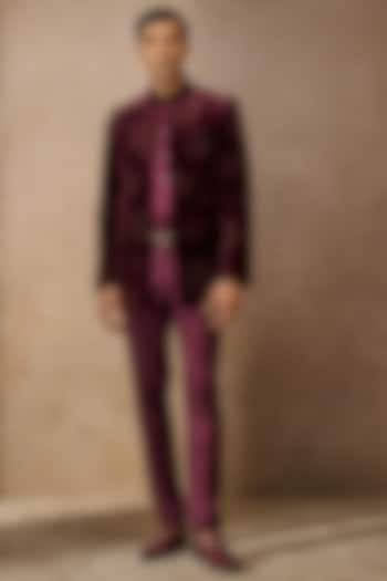 Wine Cotton Velvet Indowestern Bandhgala Set by Tarun Tahiliani Men