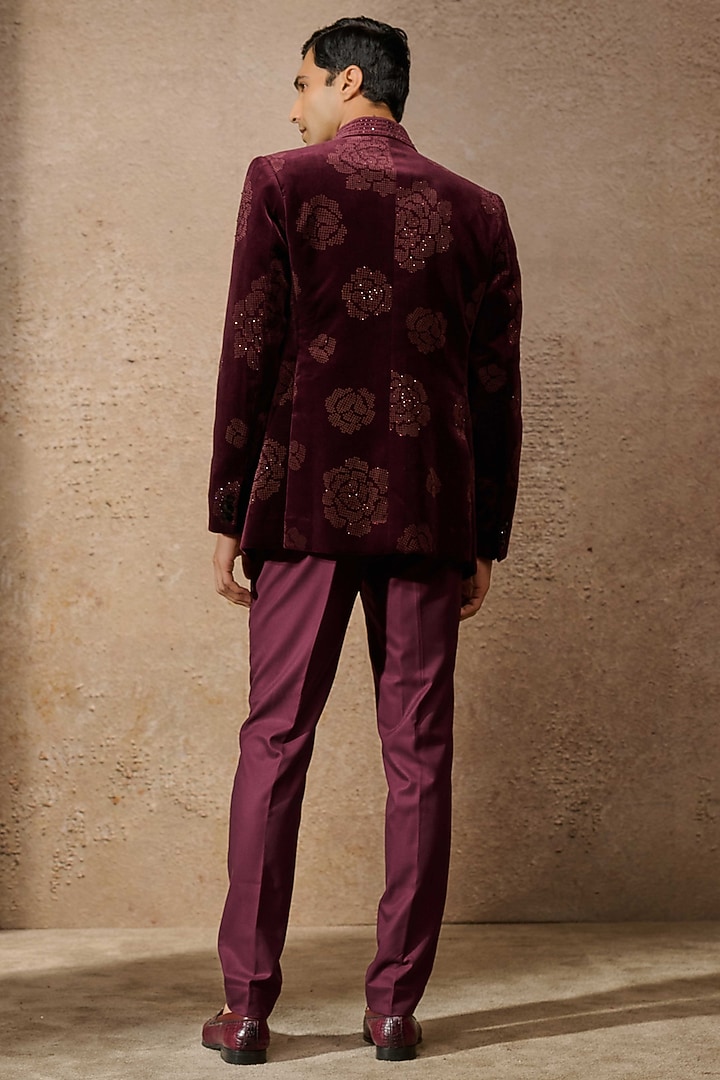 Wine Cotton Velvet Groom Indowestern Bandhgala Set by Tarun Tahiliani Men at Pernia's Pop Up Shop