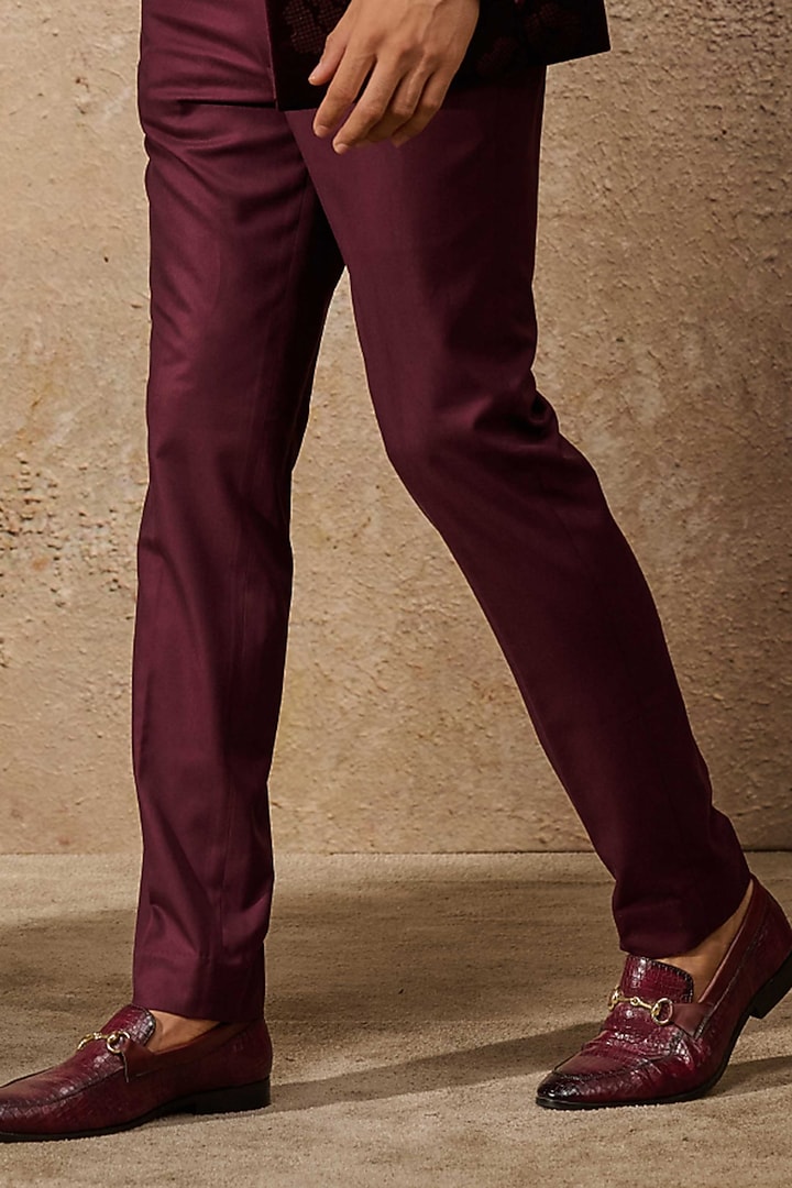 Wine Cotton Velvet Groom Indowestern Bandhgala Set by Tarun Tahiliani Men at Pernia's Pop Up Shop