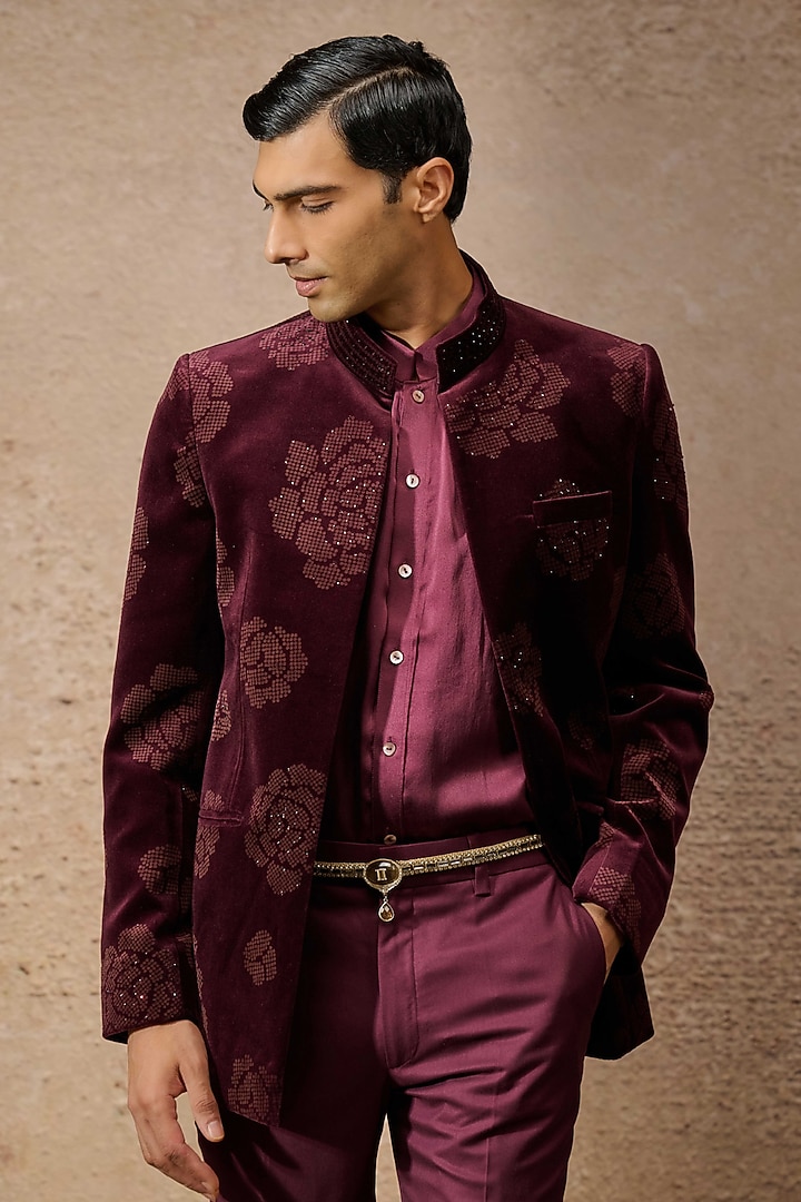 Wine Cotton Velvet Groom Indowestern Bandhgala Set by Tarun Tahiliani Men at Pernia's Pop Up Shop