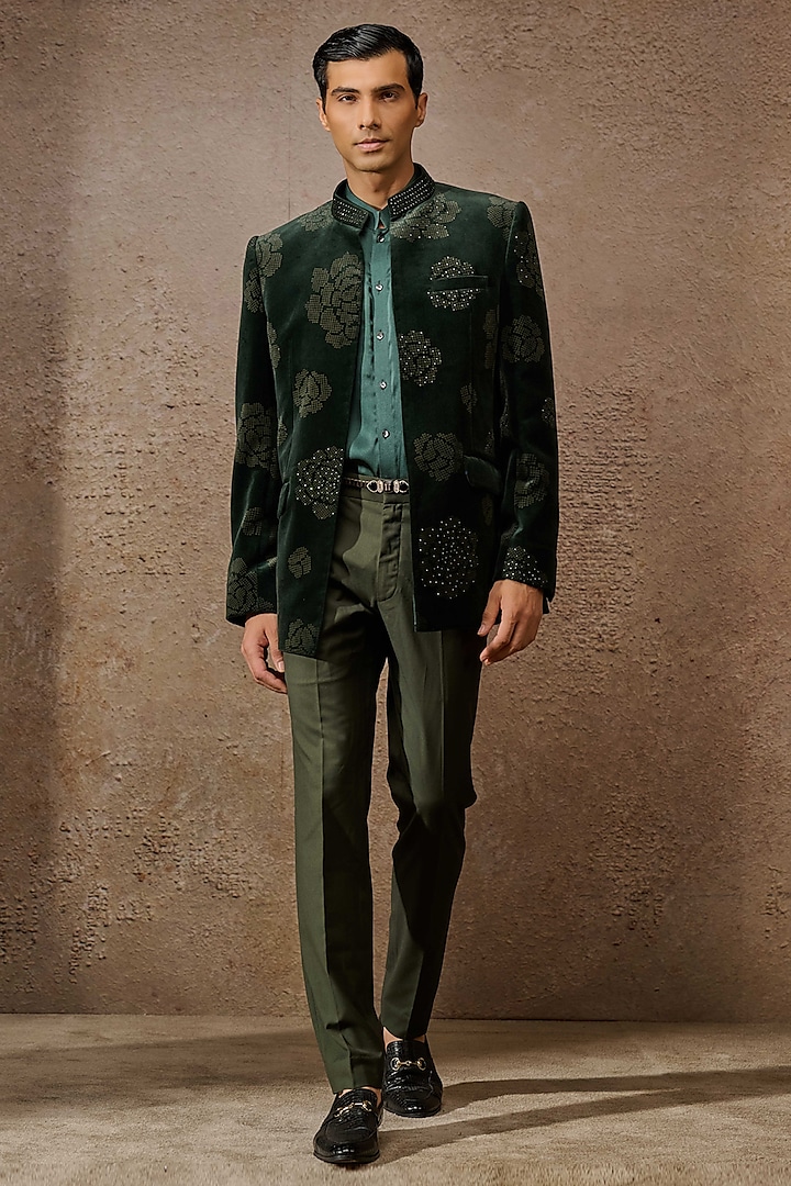 Emerald Cotton Velvet Indowestern Bandhgala Set by Tarun Tahiliani Men