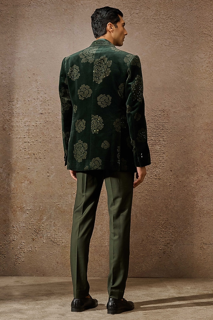 Emerald Cotton Velvet Groom Indowestern Bandhgala Set by Tarun Tahiliani Men at Pernia's Pop Up Shop