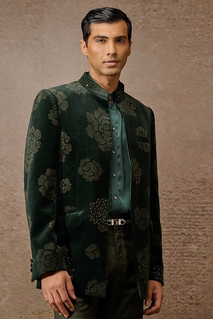 Emerald Cotton Velvet Groom Indowestern Bandhgala Set by Tarun Tahiliani Men at Pernia's Pop Up Shop