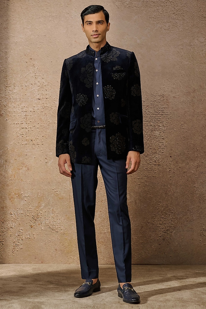 Navy Cotton Velvet Indowestern Bandhgala Set by Tarun Tahiliani Men at Pernia's Pop Up Shop