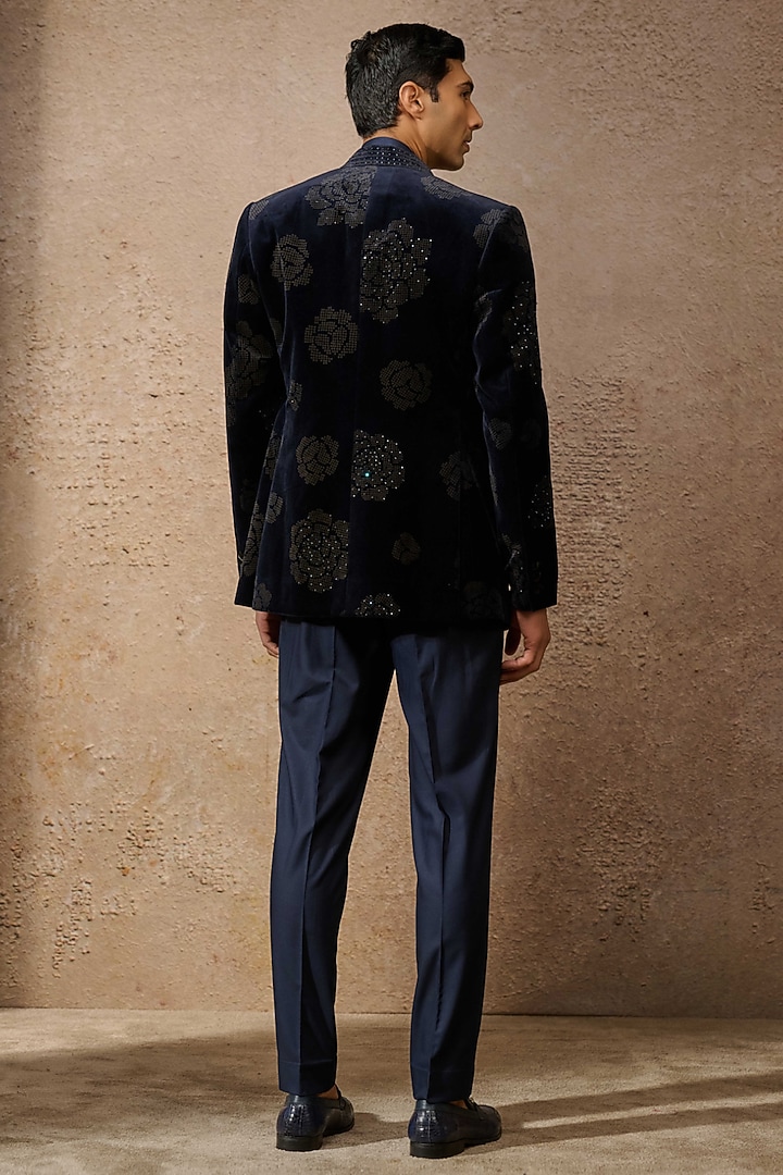 Navy Cotton Velvet Groom Indowestern Bandhgala Set by Tarun Tahiliani Men at Pernia's Pop Up Shop