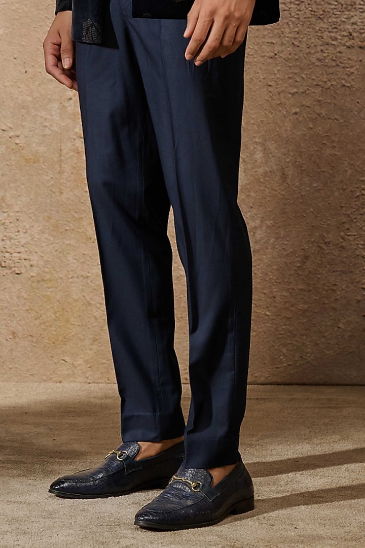 Navy Cotton Velvet Groom Indowestern Bandhgala Set by Tarun Tahiliani Men at Pernia's Pop Up Shop