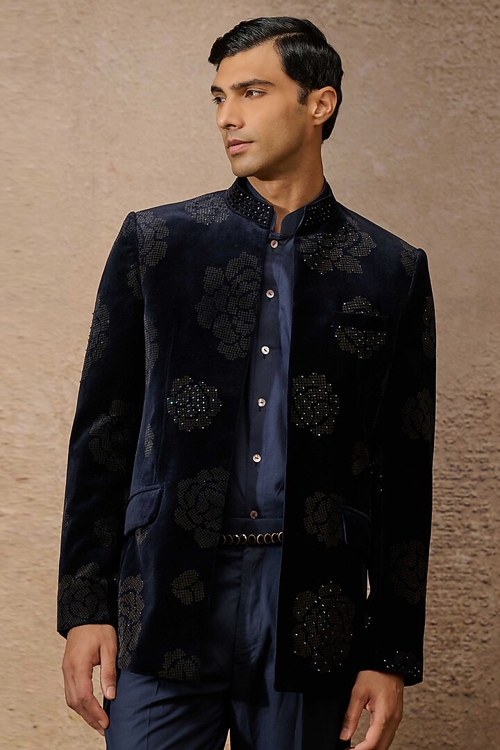 Navy Cotton Velvet Groom Indowestern Bandhgala Set by Tarun Tahiliani Men at Pernia's Pop Up Shop