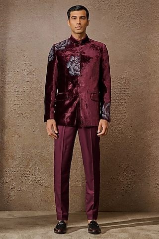 Wine Silk Velvet Floral Thread Embroidered Bandhgala Set by Tarun Tahiliani Men