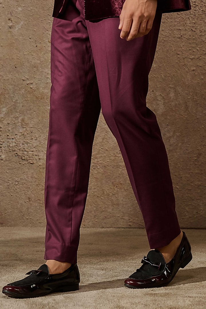 Wine Silk Velvet Floral Thread Embroidered Groom Bandhgala Set by Tarun Tahiliani Men at Pernia's Pop Up Shop