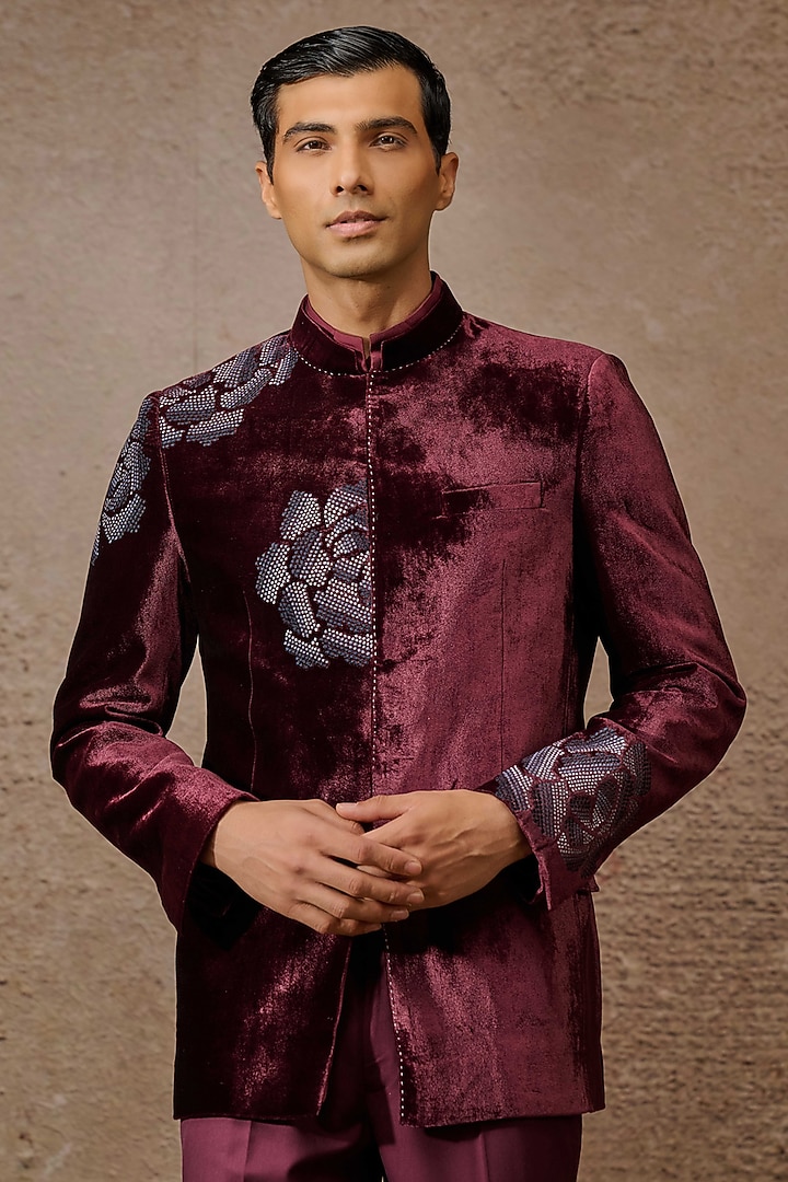 Wine Silk Velvet Floral Thread Embroidered Groom Bandhgala Set by Tarun Tahiliani Men at Pernia's Pop Up Shop