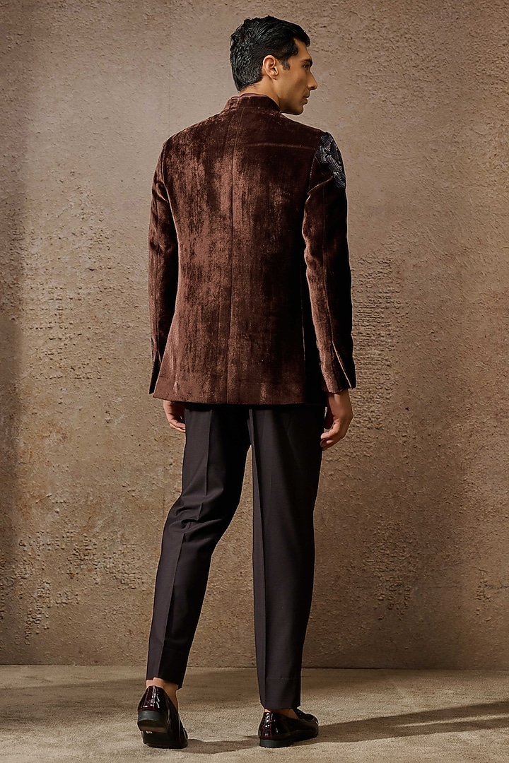 Brown Silk Velvet Floral Thread Embroidered Groom Bandhgala Set by Tarun Tahiliani Men at Pernia's Pop Up Shop