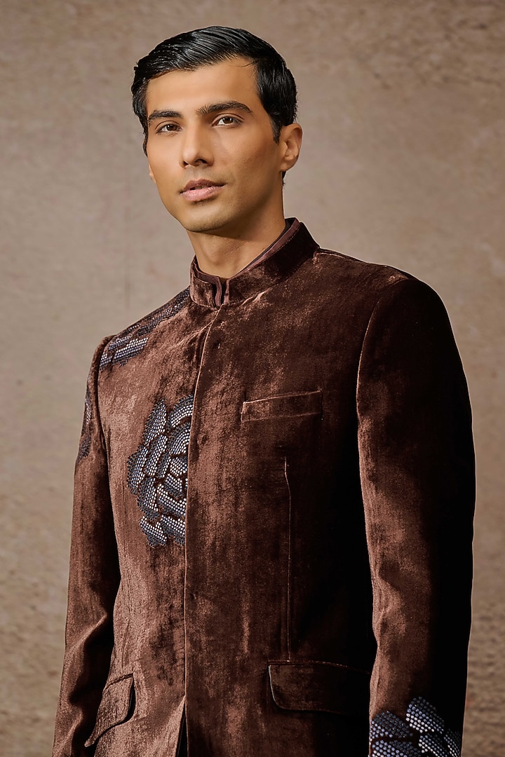 Brown Silk Velvet Floral Thread Embroidered Groom Bandhgala Set by Tarun Tahiliani Men at Pernia's Pop Up Shop