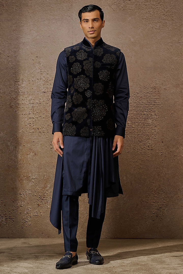 Navy Cotton Velvet Indowestern Set by Tarun Tahiliani Men