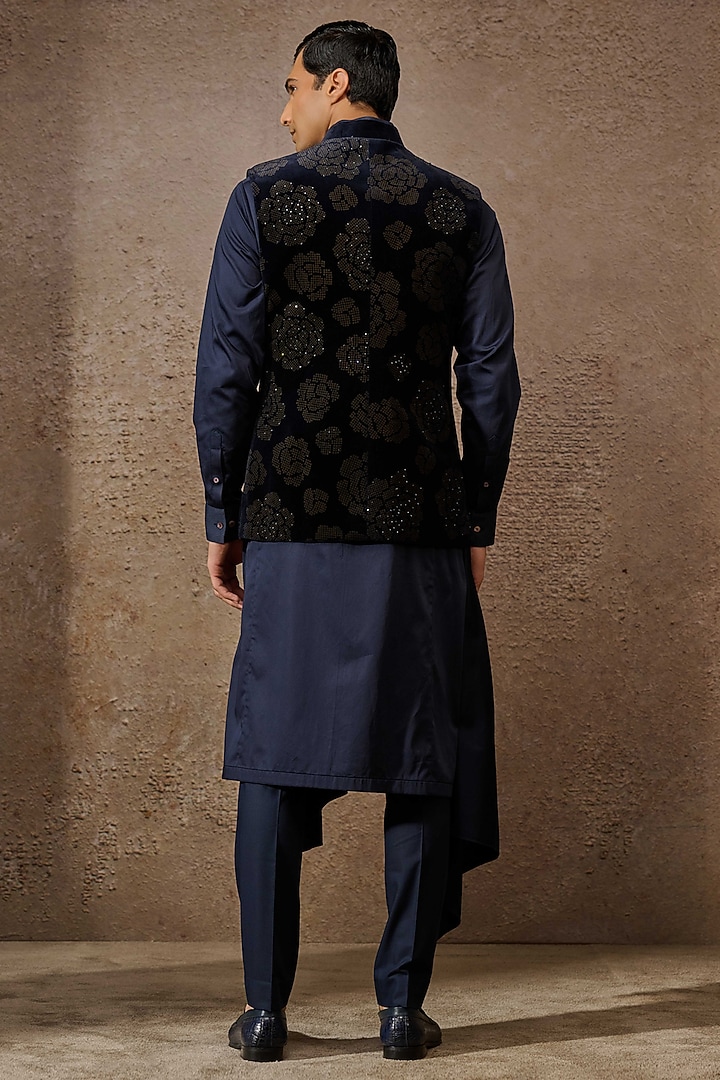 Navy Cotton Velvet Groom Indowestern Set by Tarun Tahiliani Men at Pernia's Pop Up Shop