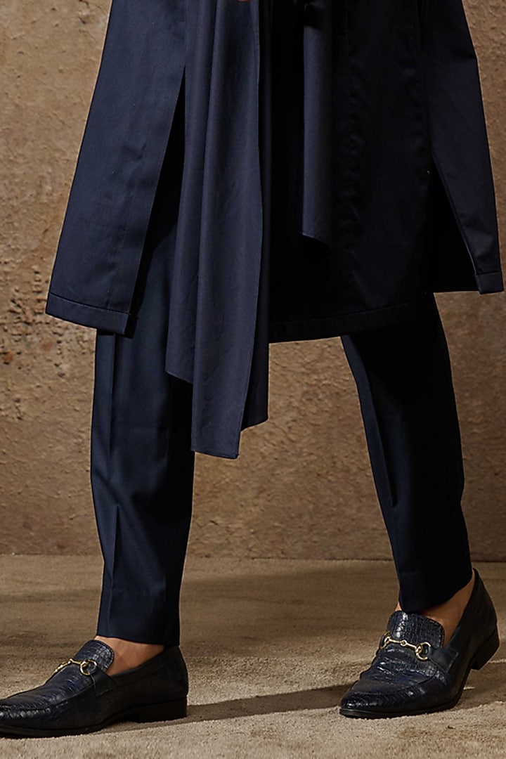 Navy Cotton Velvet Groom Indowestern Set by Tarun Tahiliani Men at Pernia's Pop Up Shop
