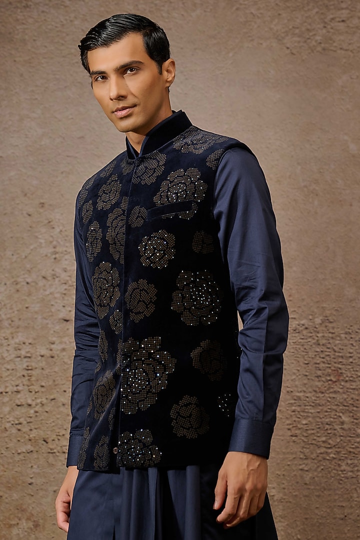 Navy Cotton Velvet Groom Indowestern Set by Tarun Tahiliani Men at Pernia's Pop Up Shop