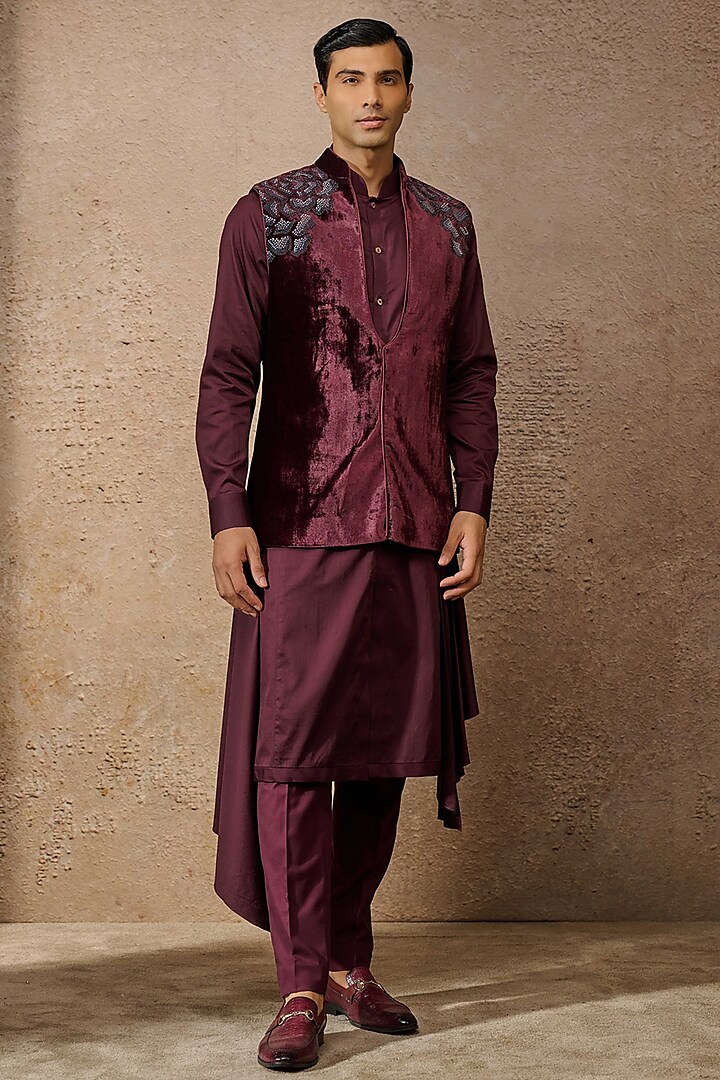 Wine Silk Velvet Floral Pattern Indowestern Set by Tarun Tahiliani Men