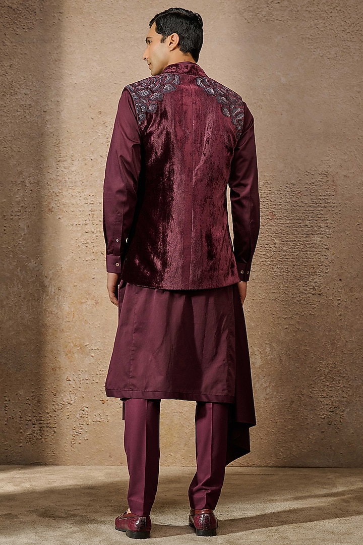 Wine Silk Velvet Floral Pattern Groom Indowestern Set by Tarun Tahiliani Men at Pernia's Pop Up Shop