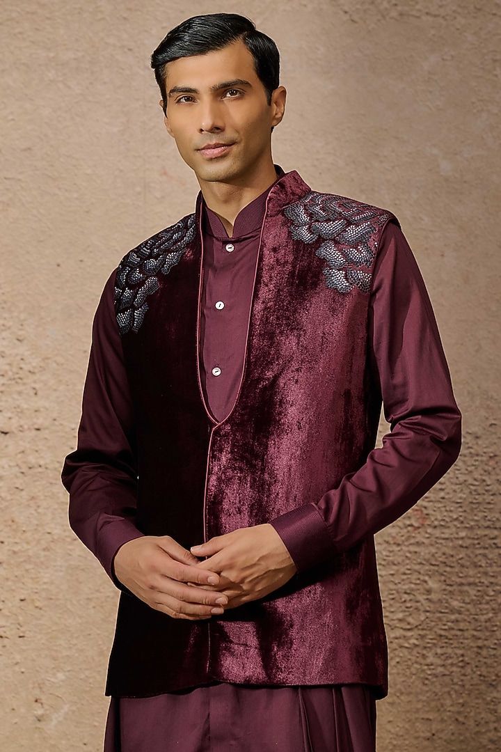 Wine Silk Velvet Floral Pattern Groom Indowestern Set by Tarun Tahiliani Men at Pernia's Pop Up Shop