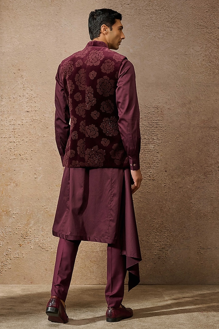Wine Cotton Velvet & Cotton Satin Groom Indowestern Set by Tarun Tahiliani Men at Pernia's Pop Up Shop