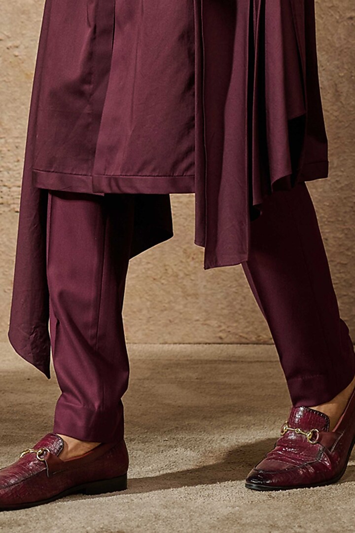 Wine Cotton Velvet & Cotton Satin Groom Indowestern Set by Tarun Tahiliani Men at Pernia's Pop Up Shop