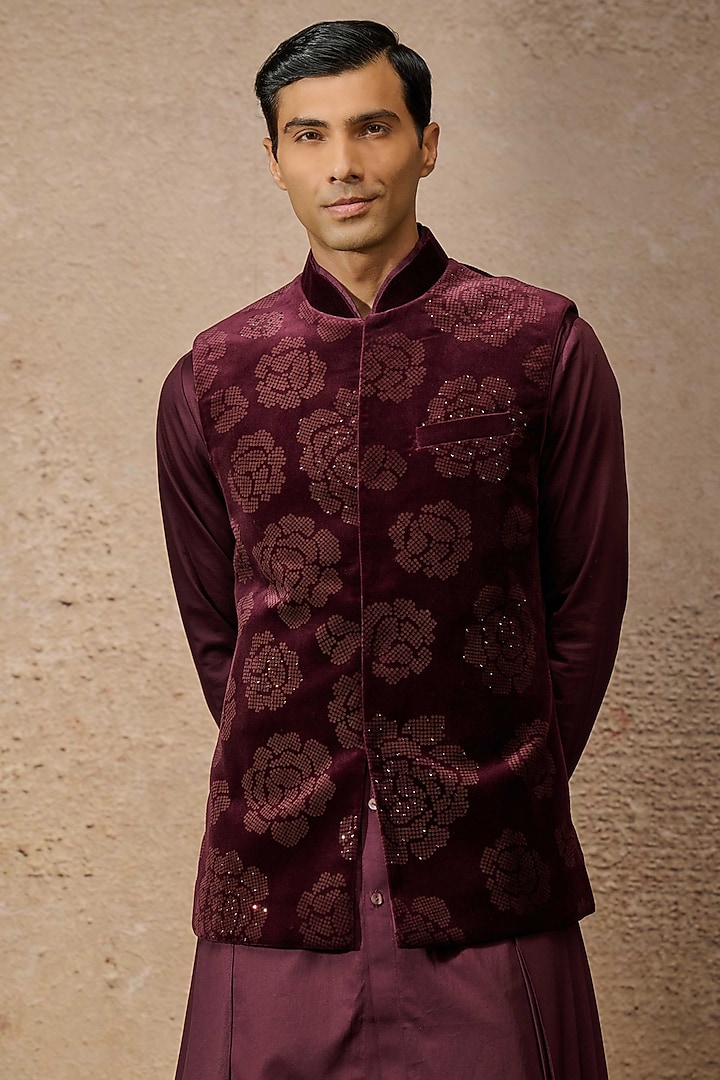 Wine Cotton Velvet & Cotton Satin Groom Indowestern Set by Tarun Tahiliani Men at Pernia's Pop Up Shop