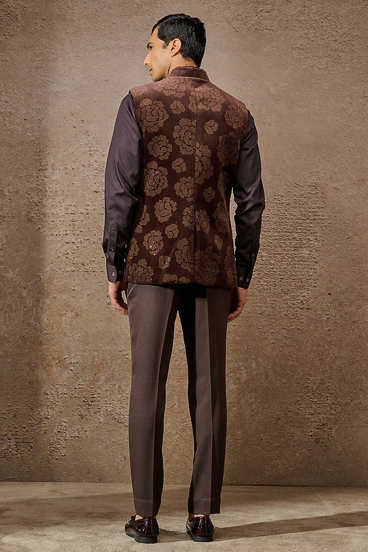 Wine Cotton Velvet & Cotton Satin Groom Indowestern Set by Tarun Tahiliani Men at Pernia's Pop Up Shop