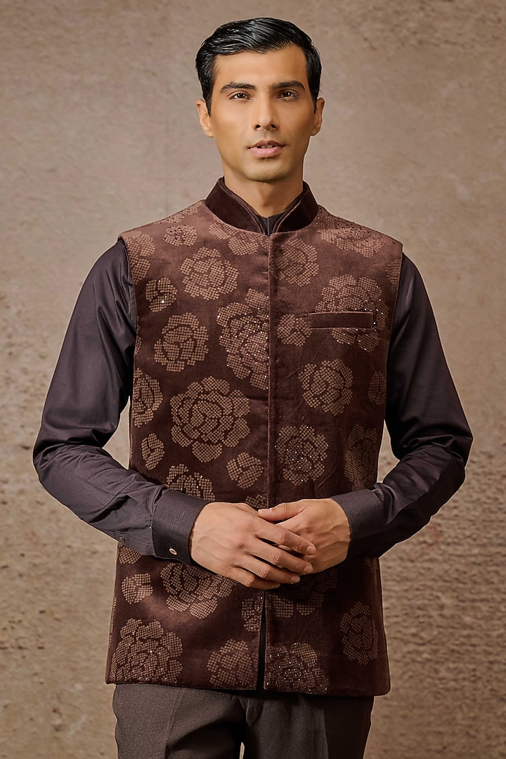 Wine Cotton Velvet & Cotton Satin Groom Indowestern Set by Tarun Tahiliani Men at Pernia's Pop Up Shop