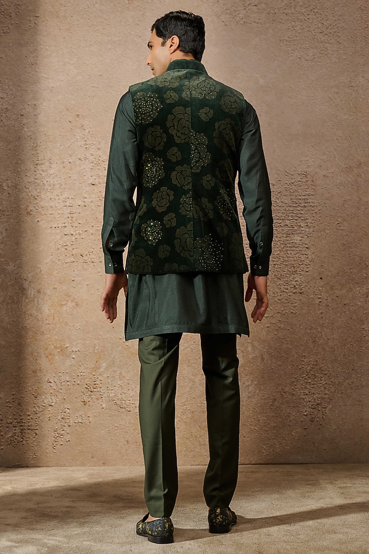 Emerald Cotton Velvet & Cotton Satin Groom Indowestern Set by Tarun Tahiliani Men at Pernia's Pop Up Shop