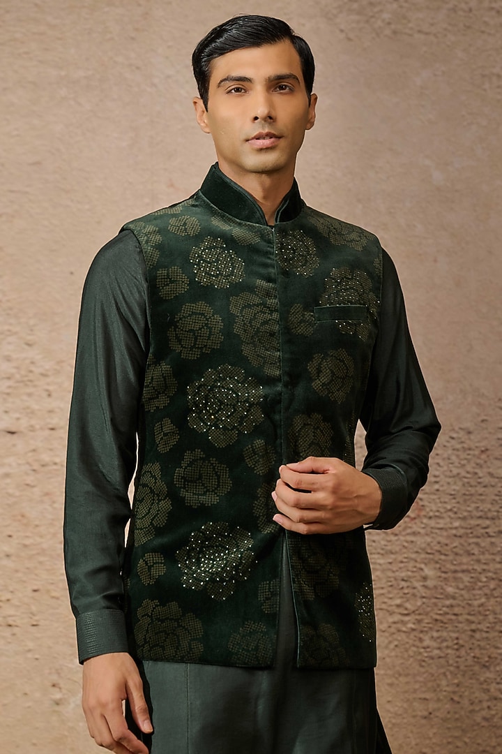 Emerald Cotton Velvet & Cotton Satin Groom Indowestern Set by Tarun Tahiliani Men at Pernia's Pop Up Shop