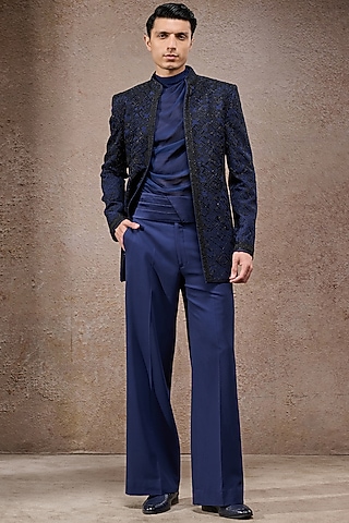 Navy Blue Double Georgette Resham Embroidered Bandhgala Set by Tarun Tahiliani Men