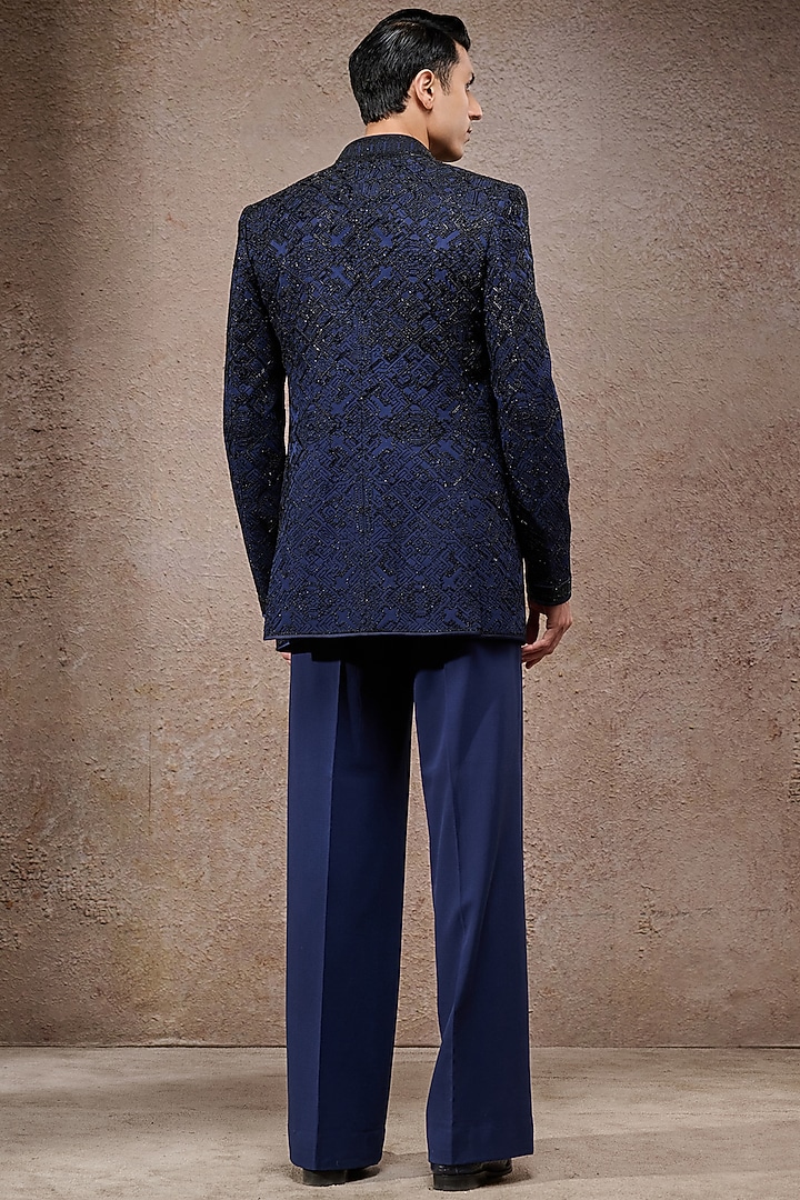 Navy Blue Double Georgette Resham Embroidered Groom Bandhgala Set by Tarun Tahiliani Men at Pernia's Pop Up Shop
