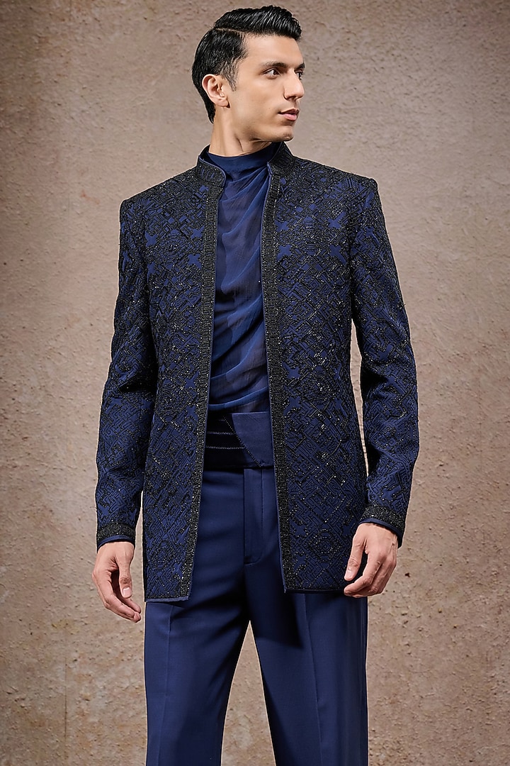 Navy Blue Double Georgette Resham Embroidered Groom Bandhgala Set by Tarun Tahiliani Men at Pernia's Pop Up Shop
