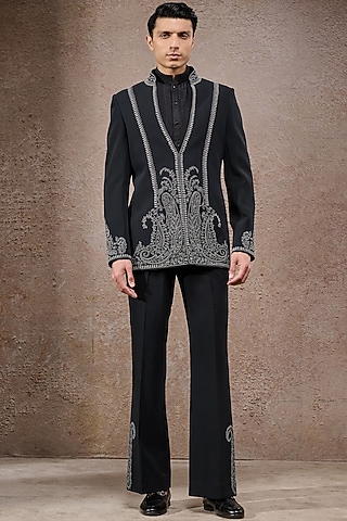 Black Double Georgette Hand Embroidered Bandhgala Set by Tarun Tahiliani Men