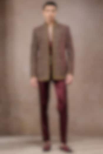 Wine Silk Velvet Zardosi Embroidered Groom Bandhgala Set by Tarun Tahiliani Men at Pernia's Pop Up Shop