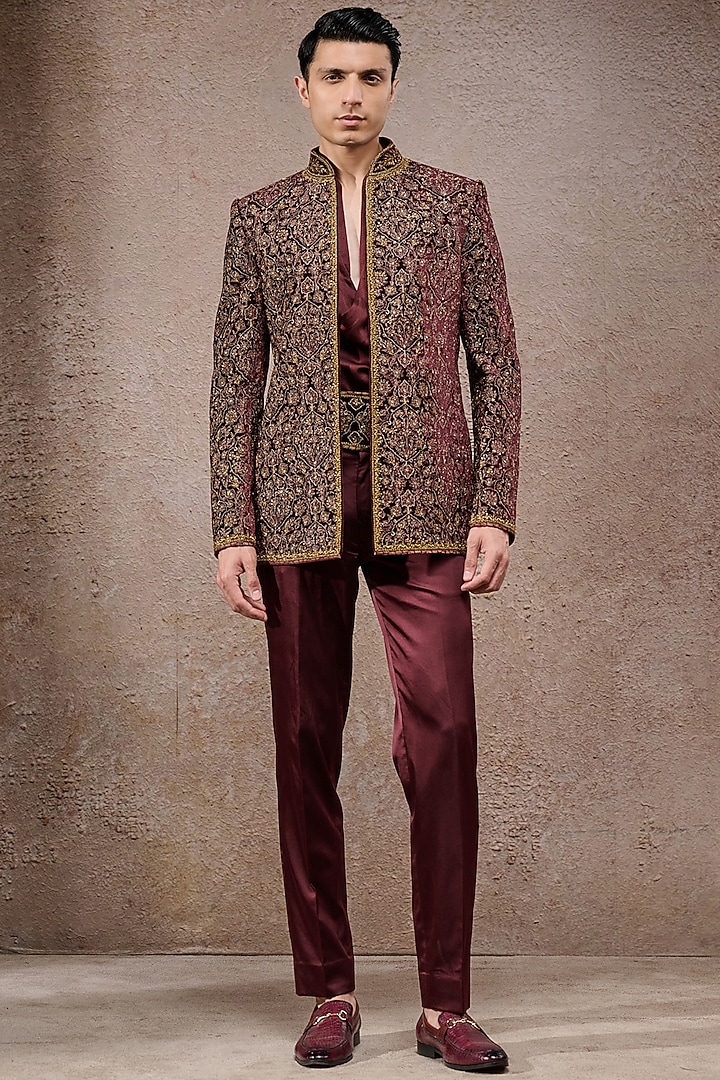 Wine Silk Velvet Zardosi Embroidered Groom Bandhgala Set by Tarun Tahiliani Men at Pernia's Pop Up Shop