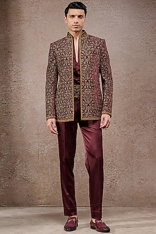 Wine Silk Velvet Zardosi Embroidered Bandhgala Set by Tarun Tahiliani Men