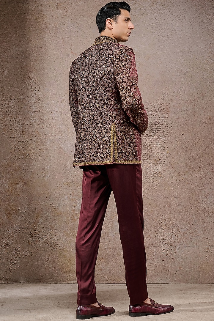 Wine Silk Velvet Zardosi Embroidered Groom Bandhgala Set by Tarun Tahiliani Men at Pernia's Pop Up Shop