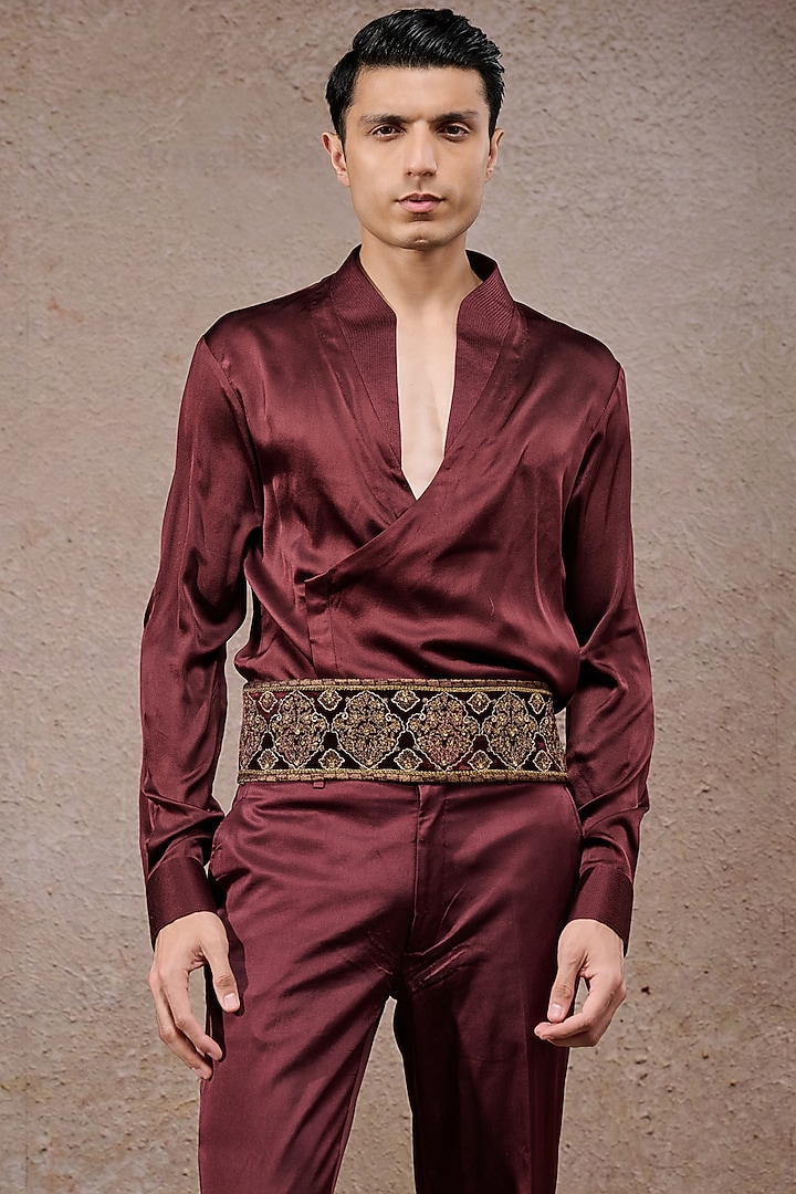 Wine Silk Velvet Zardosi Embroidered Groom Bandhgala Set by Tarun Tahiliani Men at Pernia's Pop Up Shop